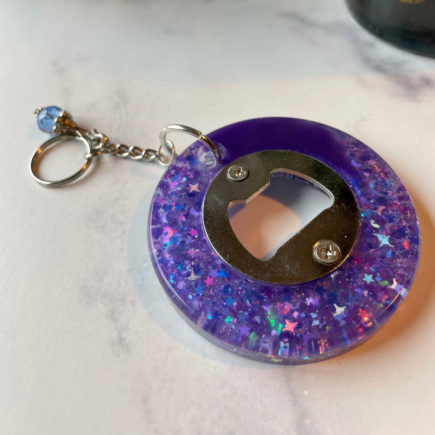 Circular Glitter Galaxy Bottle Opener Key Chain